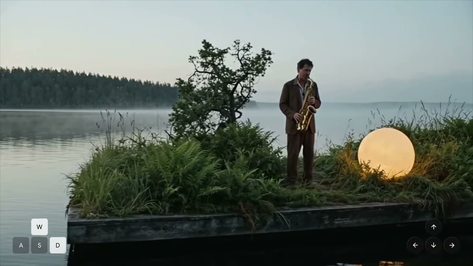 A saxophone player on a floating island in Google DeepMind’s Genie 4 demo